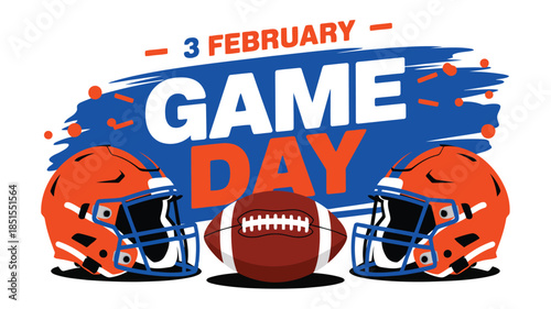 This image shows football helmets and a ball with Game Day text for a February event