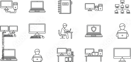 Collection of linear icons for computer technology, IT, networking, digital devices, laptop security, desktop workstations, user profiles, and office communication systems.