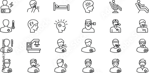 Collection of linear icons for healthcare, medical symptoms, sickness, patient treatment, hospital equipment, doctor care, and personal health issues line art illustrations.