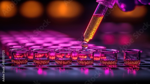 A pipette dispenses liquid into small glass vials, with a vibrant purple and orange lab illumination