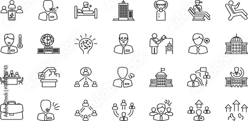 Collection of linear icons for healthcare, medical services, hospital buildings, business people, corporate management, government, and organization line art illustrations.