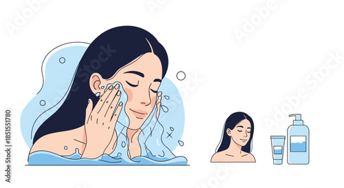 Young woman washing her face with water, with a smaller inset showing her and a set of skincare cleanser products.