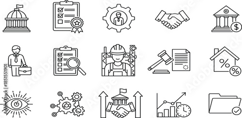 Collection of linear icons for business law, corporate governance, legal justice, financial regulation, compliance checklists, real estate, and professional management systems.