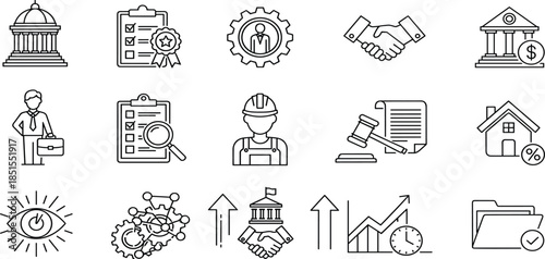 Collection of linear global logistics, international trade, supply chain management, cargo shipping, truck delivery, aviation transport, and worldwide business vector icons.