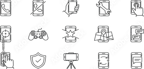 Collection of linear mobile phone function icons for calling, repair service, touchscreen interaction, mobile gaming, security shield, and wireless communication applications.