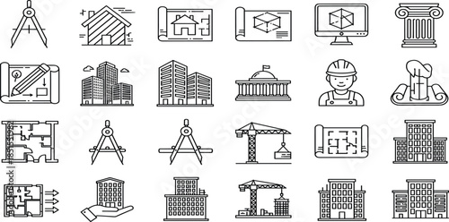 "Set of modern architectural and construction icons, building plans, blueprints, construction crane, office buildings, design tools, urban development, 