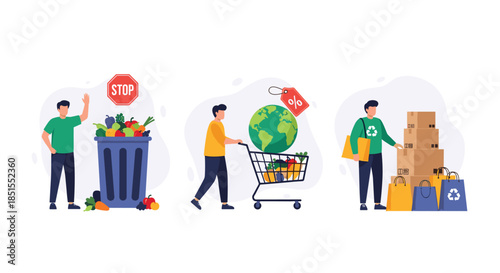 Set of illustrations promoting responsible consumption, including stopping food waste, eco-friendly shopping, and using reusable bags.