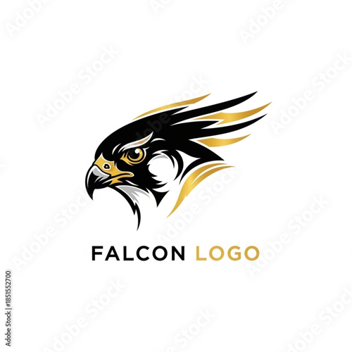 Stylized black and gold falcon head mascot logo design, perfect for sports teams or corporate branding.
