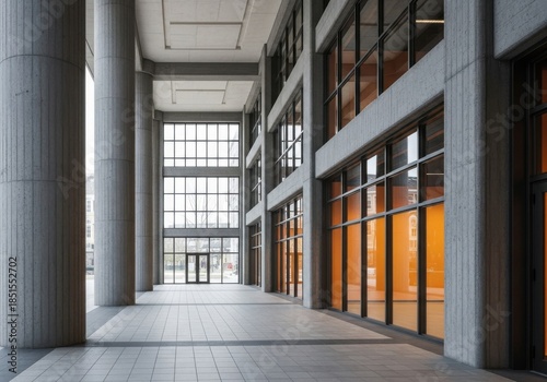 Imposing Brutalist Concrete Structure defining a massive corporate entrance hall, showcasing modern architectural design and institutional stability.