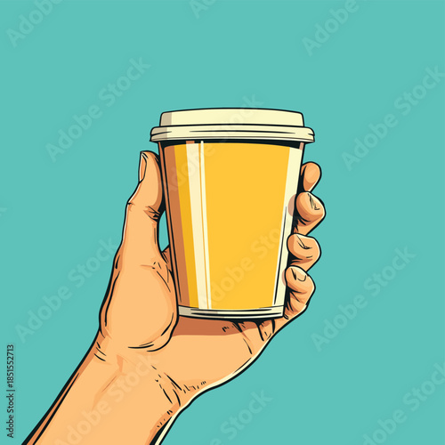 Online drinks delivery concept. Cup of tee or coffee in hand from smartphone. Pop art retro illustration comic style , vector style simple color