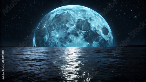 A massive, glowing blue moon rises dramatically over a dark, reflective ocean surface under a starry night sky, creating an ethereal and mysterious scene