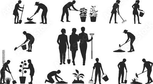 Gardening silhouettes collection, people digging planting watering and raking soil, eco friendly outdoor work, sustainable lifestyle nature concept