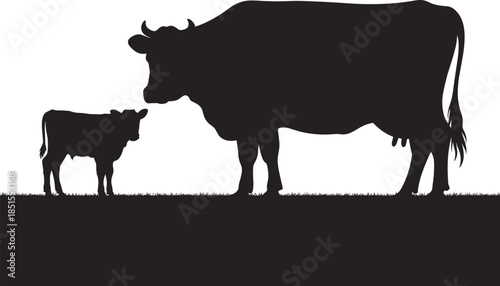 Cow and calf silhouette standing together on grass representing motherhood farming agriculture livestock rural life nature family bond concept