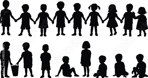 Children silhouette collection holding hands and playing together representing childhood unity friendship diversity education innocence and social development concept