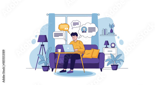 Man working on his laptop while sitting on a couch at home, with thought bubbles showing video calls and social media.