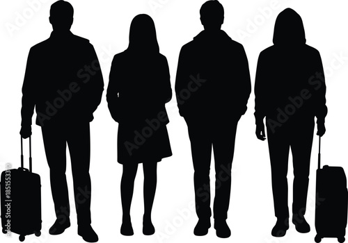Silhouette of travelers standing with suitcases, people waiting concept, airport travel, tourism lifestyle, journey group illustration