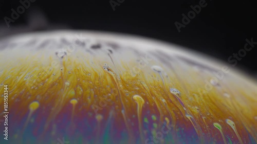 Close-up of a soap bubble with water droplets on a colorful, iridescent surface