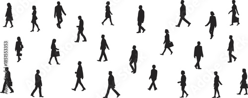 Walking silhouettes, urban crowd, black white art, diverse attire, business casual mix, movement scene, anonymity concept, public transit