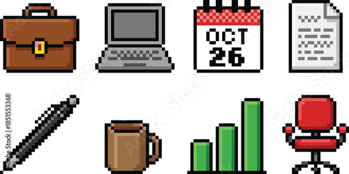 Pixel office icons, workplace tools, briefcase, laptop, calendar, document, pen, coffee mug, chart, chair, retro grid art