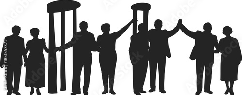 Business team silhouette holding hands around abstract pillars symbolizing unity cooperation partnership leadership diversity equality corporate success and teamwork concept
