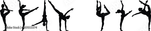 Black Silhouettes of Professional Rhythmic Gymnasts and Dancers Performing Artistic Poses, Stretches, Handstands, and Elegant Athletic Movements on 