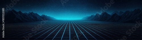 Draft Mockup Vision concept. Futuristic landscape with grid and mountains under starry sky.