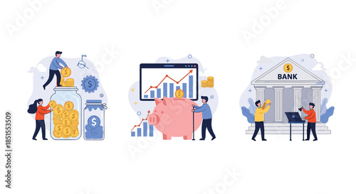 Set of three financial concept illustrations showing people saving money in a jar, a growing piggy bank, and online banking.
