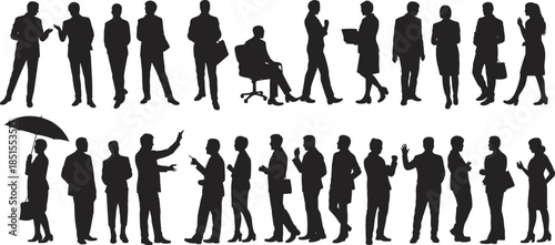 Business people silhouette collection showing professionals standing talking working and communicating representing corporate teamwork leadership office lifestyle concept