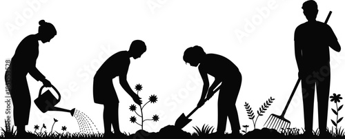 Silhouette gardeners working together, planting flowers, watering plants, teamwork in garden, eco friendly lifestyle, nature care concept illustration