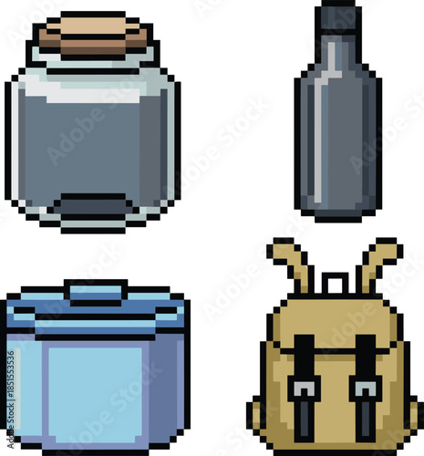 Pixel camping gear, retro style, jar, water bottle, cooking pot, bunny backpack, 2x2 grid, outdoor items, game assets