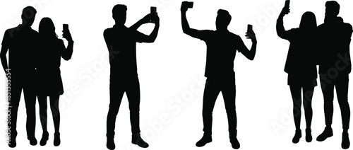 People silhouettes taking selfies with smartphones, modern social media lifestyle, friends capturing moments, black figures isolated on white background