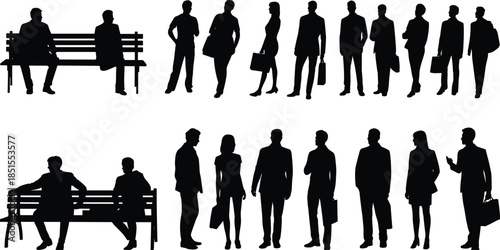 Business people silhouettes set, men women standing sitting on bench, professional workers with bags, urban lifestyle vector isolated white background
