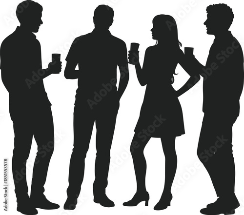 Silhouette of four friends standing together and drinking at a party, group of people socializing and talking during a celebration.