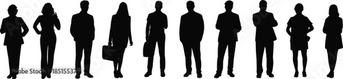 Black Silhouettes of Professional Business People, Corporate Men and Women Standing in Line, Office Workers and Diverse Group of Employees