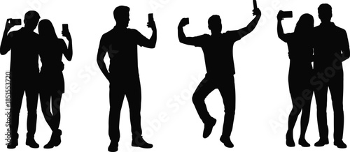 People taking selfies silhouette set, men and women posing with smartphones, social media lifestyle concept, modern technology vector illustration isolated white background