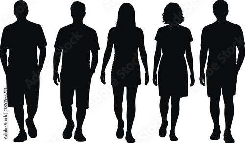 People silhouettes walking forward, casual men and women in motion, everyday urban lifestyle concept, black human figures isolated
