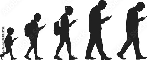 People silhouettes walking while using smartphones, modern technology addiction concept, different age groups connected digitally, isolated black figures