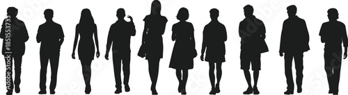 Silhouette people, walking and standing, black white art, diverse attire, posture variation, demographic concept, minimal design, human diversity scene