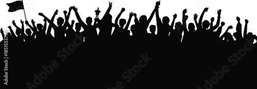 Black Silhouette of Cheering Crowd of People with Raised Hands and Flags Celebrating at a Concert Sports Event or Festival
