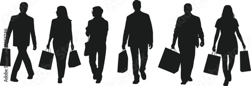 Silhouette of shoppers walking with shopping bags, consumer lifestyle, retail concept, people crowd, fashion sale, urban buying illustration