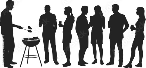 Silhouette of friends enjoying a backyard summer barbecue party, group of people grilling food, drinking, and socializing outdoors at sunset.