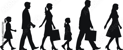 Black Silhouettes of Family Members and People Walking with Shopping Bags Isolated on White Background Representing Consumerism Retail and Lifestyle