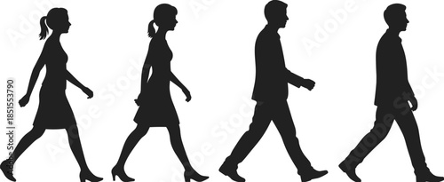Walking people silhouette set showing men and women in side view representing movement urban life routine commute modern society concept