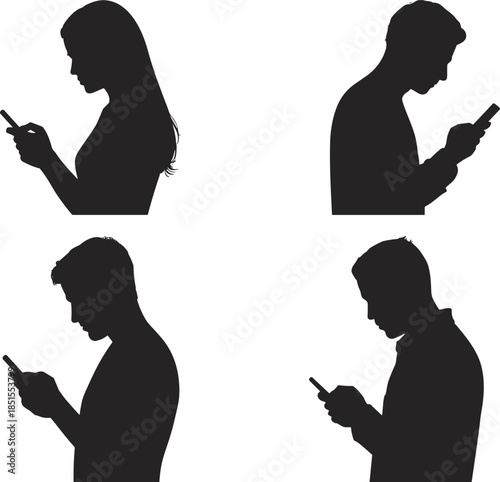 People using smartphones silhouette set, men and women texting, mobile communication concept, social media addiction, technology lifestyle isolated white background