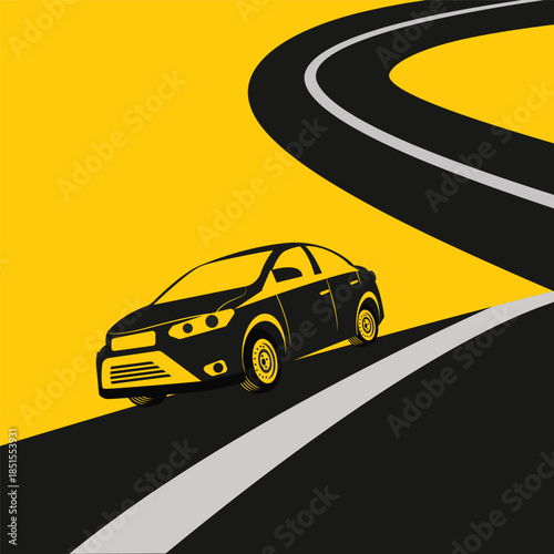 A minimalist vector illustration of a car driving along a winding road on a bright yellow background