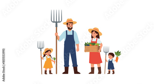 Happy farmer family, including a father, mother, son, and daughter, standing in a field holding pitchforks and fresh vegetables.