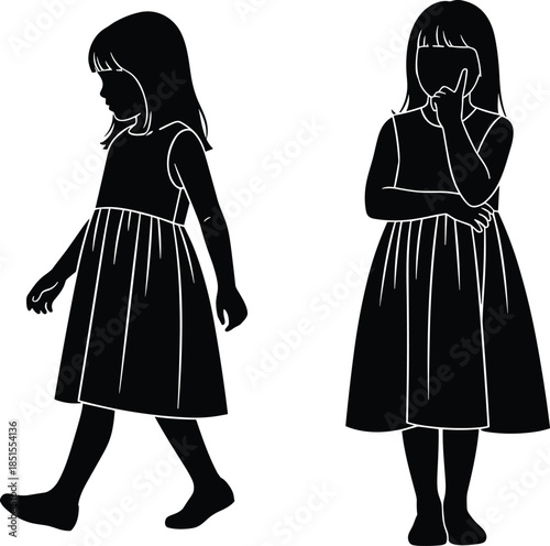 Little girl silhouette set in different poses, child standing and walking figure, innocent childhood concept, black vector illustration isolated on white background