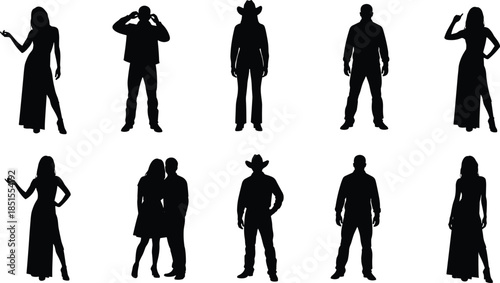 Human silhouette vector set, diverse poses and outfits, cowboy and casual figures, couple standing, black people shapes, isolated on white background