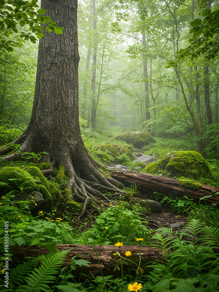Fototapeta premium Enchanted Forest with Mossy Tree Roots and Sunlight