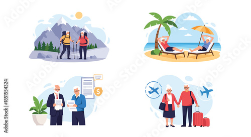 Set of four scenes showing an active senior couple enjoying their retirement by traveling, hiking, and managing their finances.